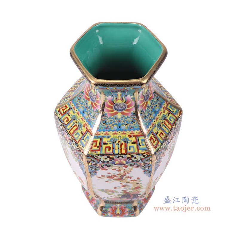 RYRJ33-A-S珐琅彩蓝底开窗花鸟六方瓶小号俯视图