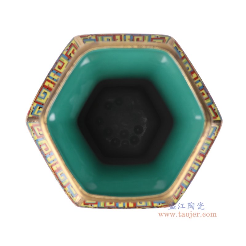 RYRJ33-A-S珐琅彩蓝底开窗花鸟六方瓶小号顶部图
