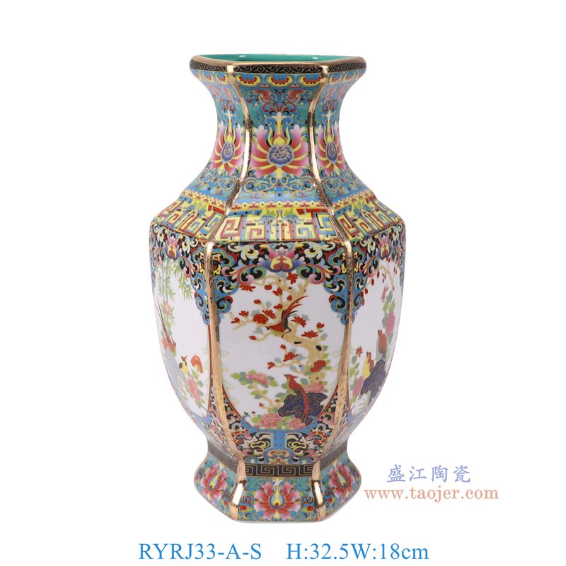RYRJ33-A-S珐琅彩蓝底开窗花鸟六方瓶小号正面图