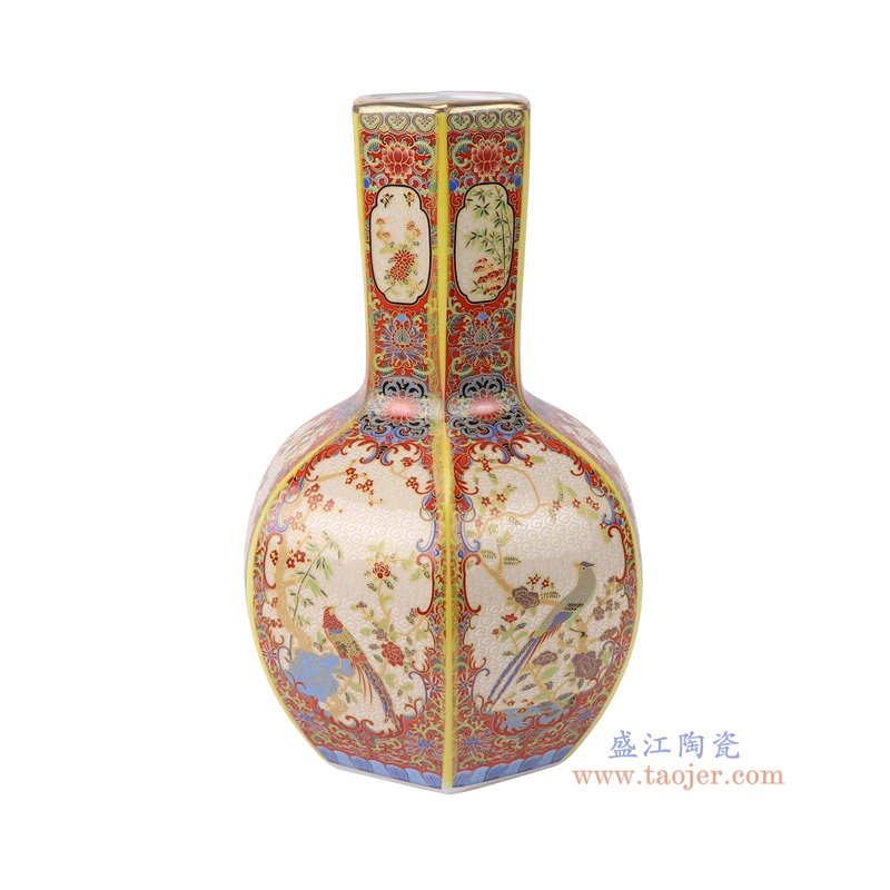 RYRJ21-A-S珐琅彩红底开窗花鸟六方天球瓶小号侧面图