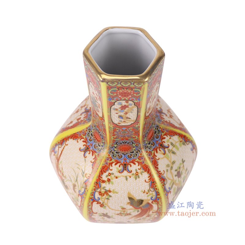RYRJ21-A-S珐琅彩红底开窗花鸟六方天球瓶小号俯视图
