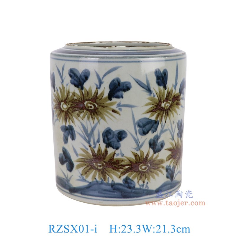 RZSX01-i仿古脚踩泥青花斗彩花叶纹笔筒香炉正面图