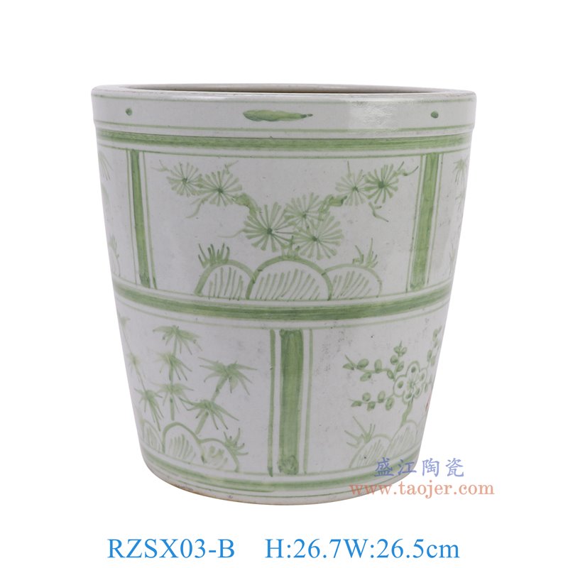 RZSX03-B仿古脚踩泥绿色松竹梅花盆正面图