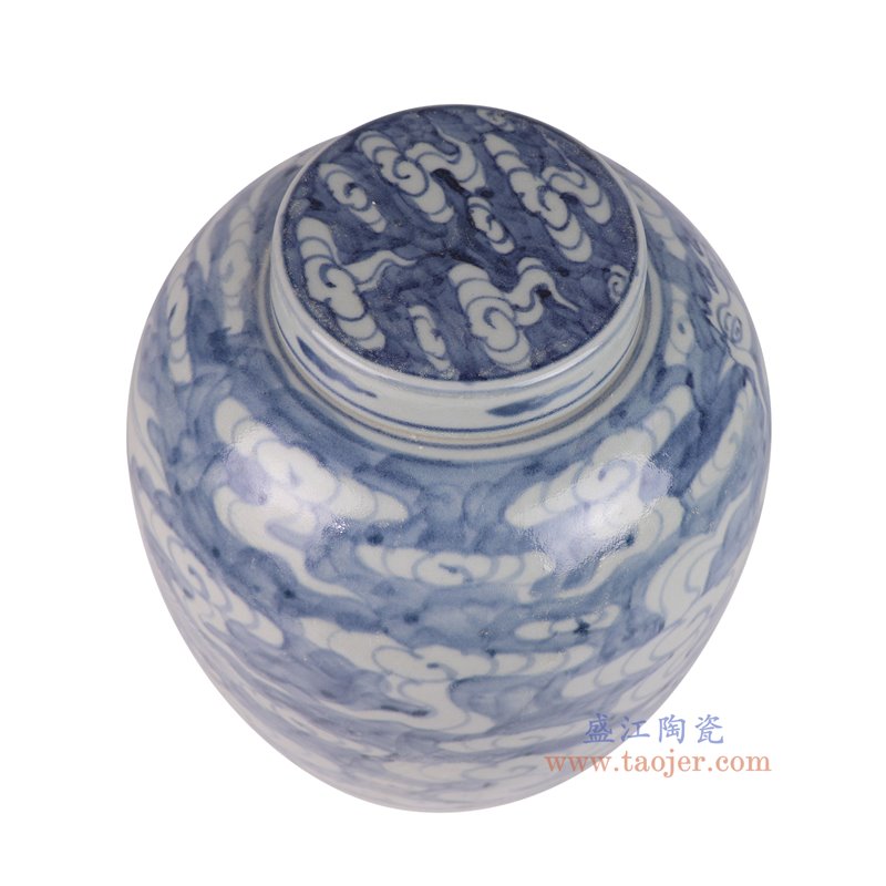 RZSX07-G仿古脚踩泥青花蓝底白凤凰纹明罐俯视图
