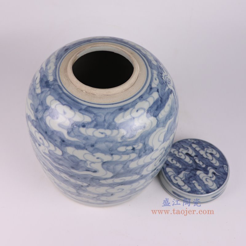RZSX07-G仿古脚踩泥青花蓝底白凤凰纹明罐顶部图