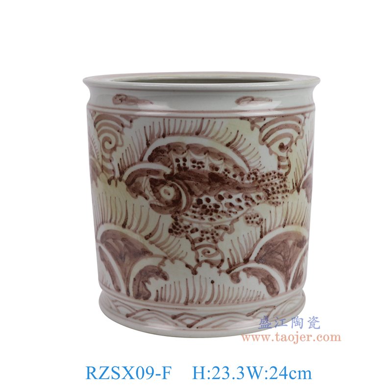 RZSX09-F仿古脚踩泥釉里红鱼纹笔筒香炉正面图