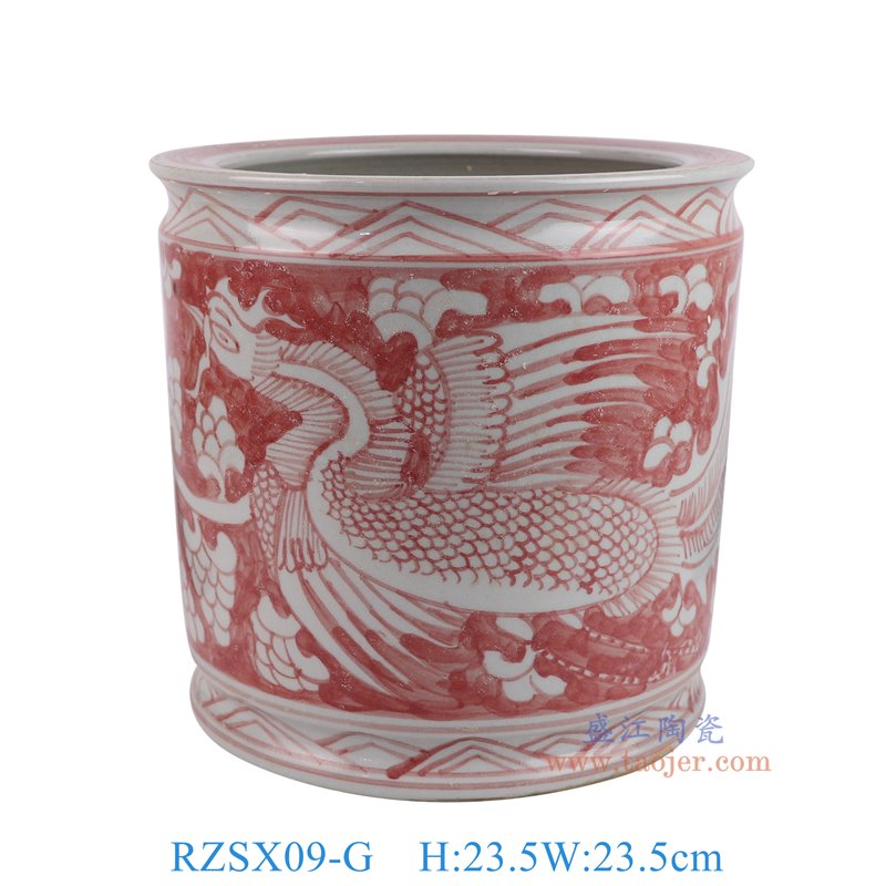 RZSX09-G仿古脚踩泥釉里红底白凤凰纹笔筒香炉正面图
