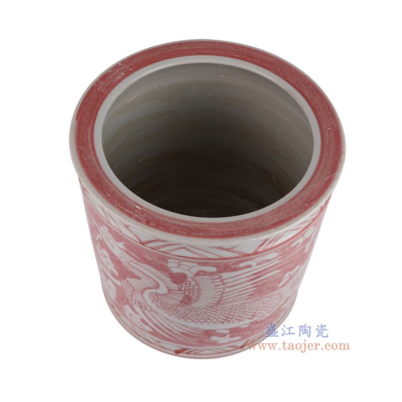 RZSX09-G仿古脚踩泥釉里红底白凤凰纹笔筒香炉俯视图