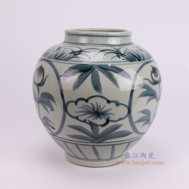 RZSX101-A仿古脚踩泥青花花叶纹圆罐侧面图
