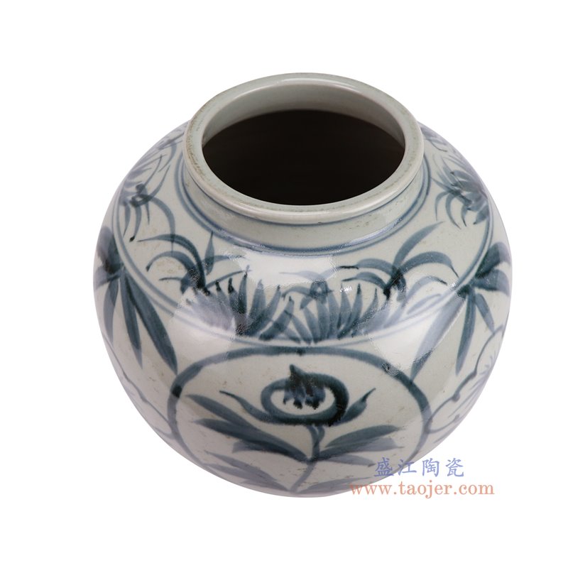 RZSX101-A仿古脚踩泥青花花叶纹圆罐俯视图