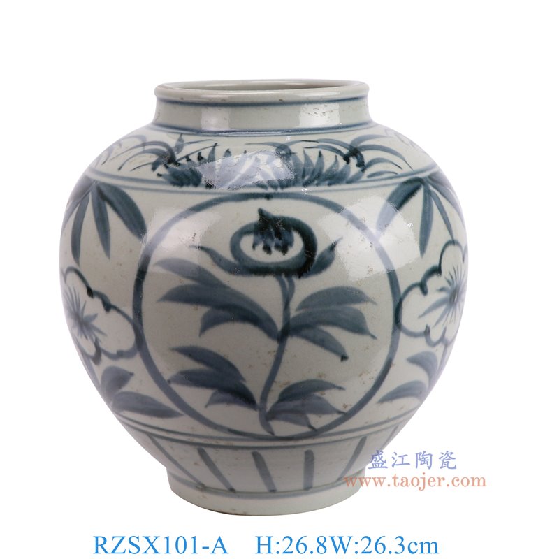 RZSX101-A仿古脚踩泥青花花叶纹圆罐正面图