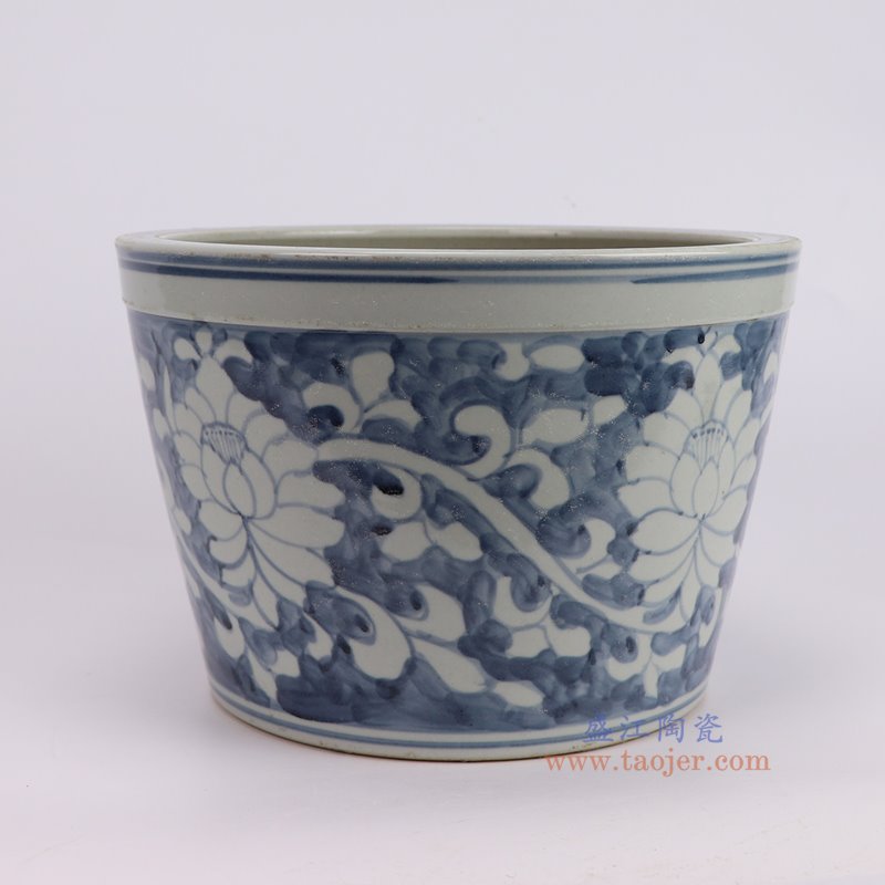 RZSX102-A仿古脚踩泥蓝底白莲花纹脚盆缸侧面图