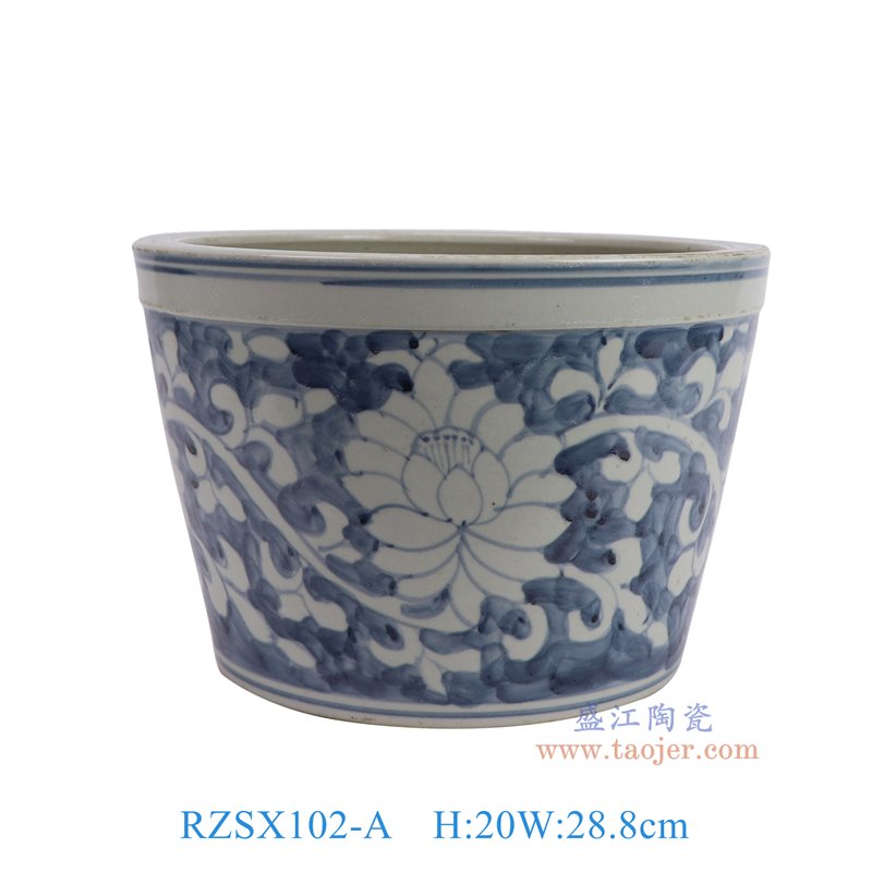 RZSX102-A仿古脚踩泥蓝底白莲花纹脚盆缸正面图