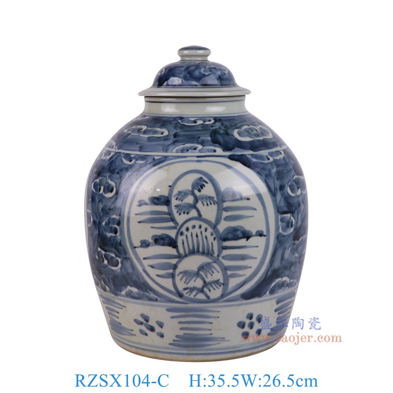 RZSX104-C仿古脚踩泥青花蓝底开窗花树纹茶叶罐眀罐正面图
