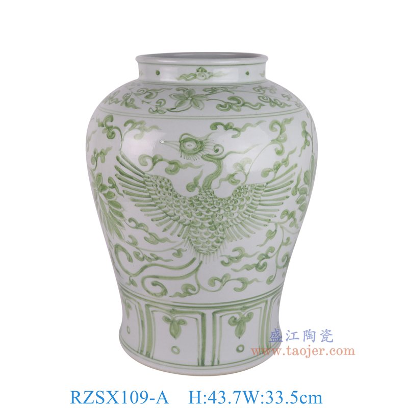 RZSX109-A仿古脚踩泥绿色凤凰纹大肚罐子花瓶正面图