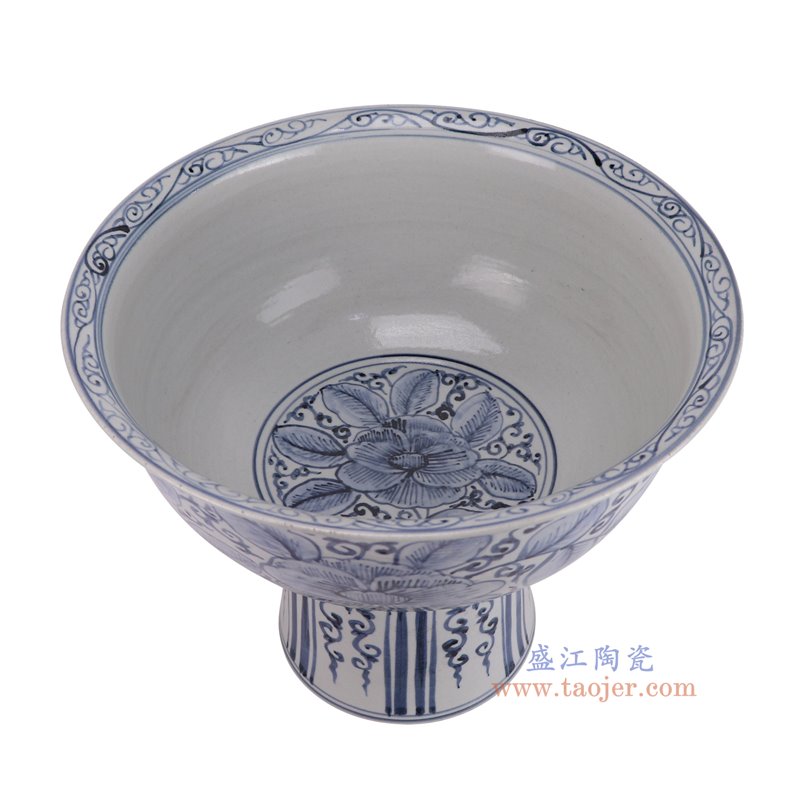 RZSX111-D仿古脚踩泥青花牡丹纹高脚盆俯视图