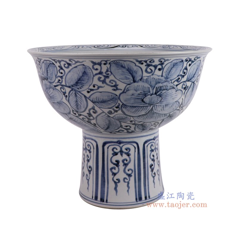 RZSX111-D仿古脚踩泥青花牡丹纹高脚盆正面图