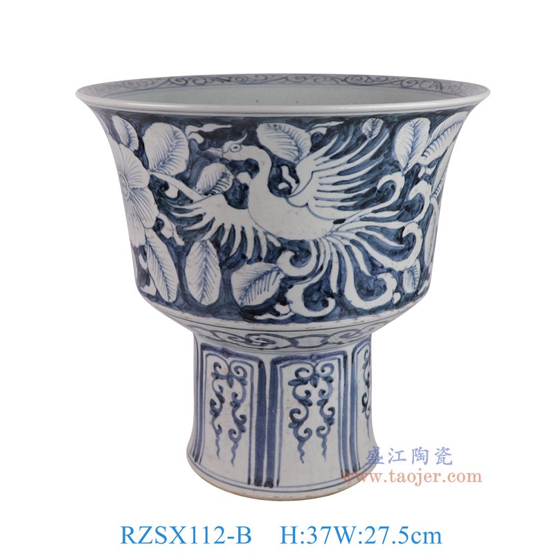 RZSX112-B仿古脚踩泥青花蓝底白凤凰牡丹纹高脚盆正面图