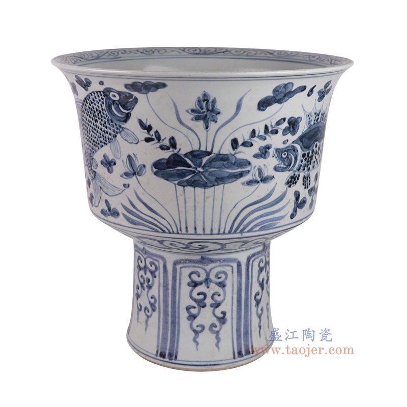 RZSX112-C仿古脚踩泥青花鱼藻纹高脚盆侧面图