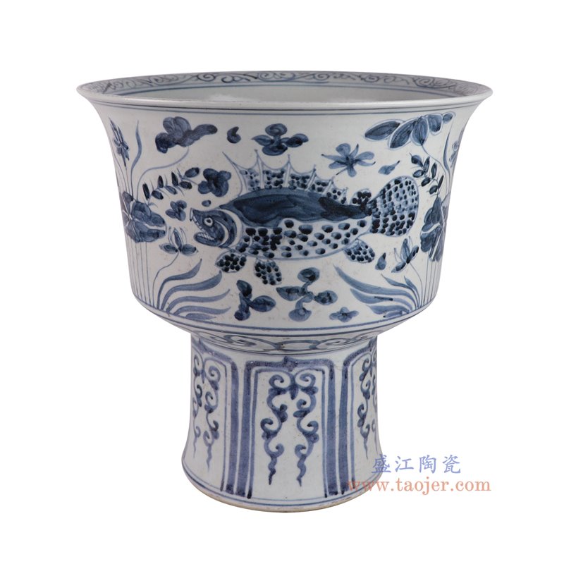 RZSX112-C仿古脚踩泥青花鱼藻纹高脚盆侧面图