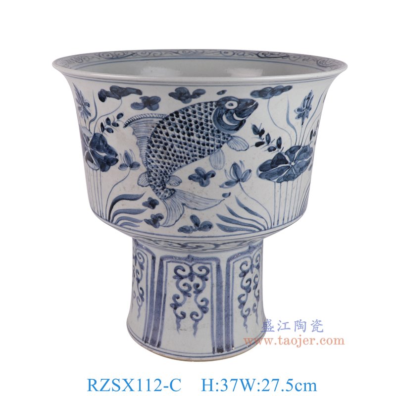 RZSX112-C仿古脚踩泥青花鱼藻纹高脚盆正面图
