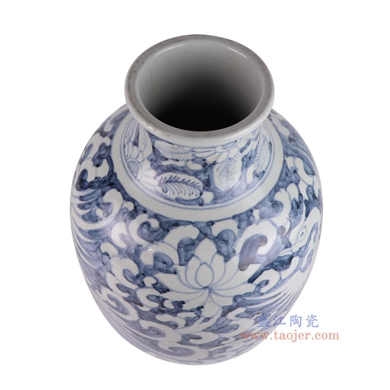 RZSX113-A仿古脚踩泥青花蓝底白凤凰纹花瓶俯视图
