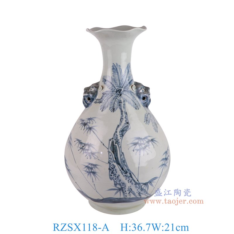 RZSX118-A仿古脚踩泥青花松竹纹狮耳玉壶春瓶正面图