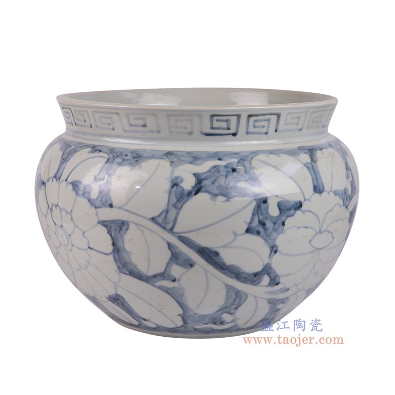 RZSX121-A仿古脚踩泥青花蓝底白牡丹花圆缸香炉侧面图