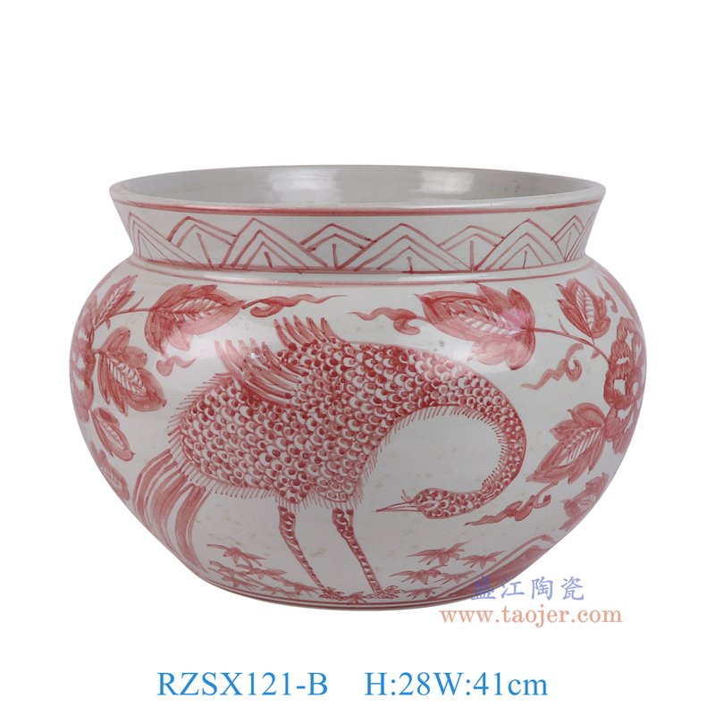 RZSX121-B仿古脚踩泥釉里红凤凰牡丹花纹圆缸香炉正面图