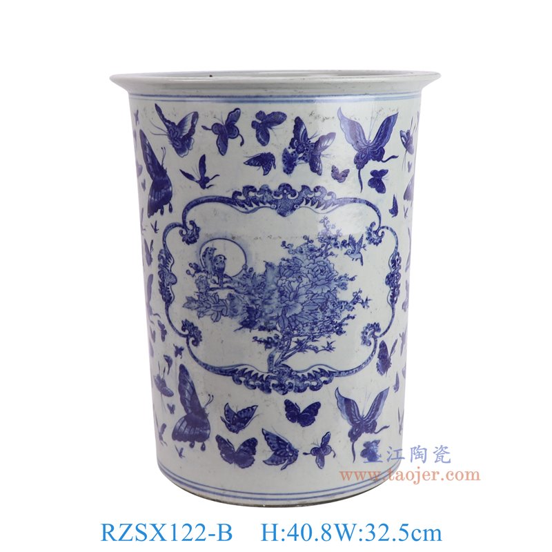 RZSX122-B仿古脚踩泥青花蝴蝶纹开窗花鸟箭筒伞筒正面图
