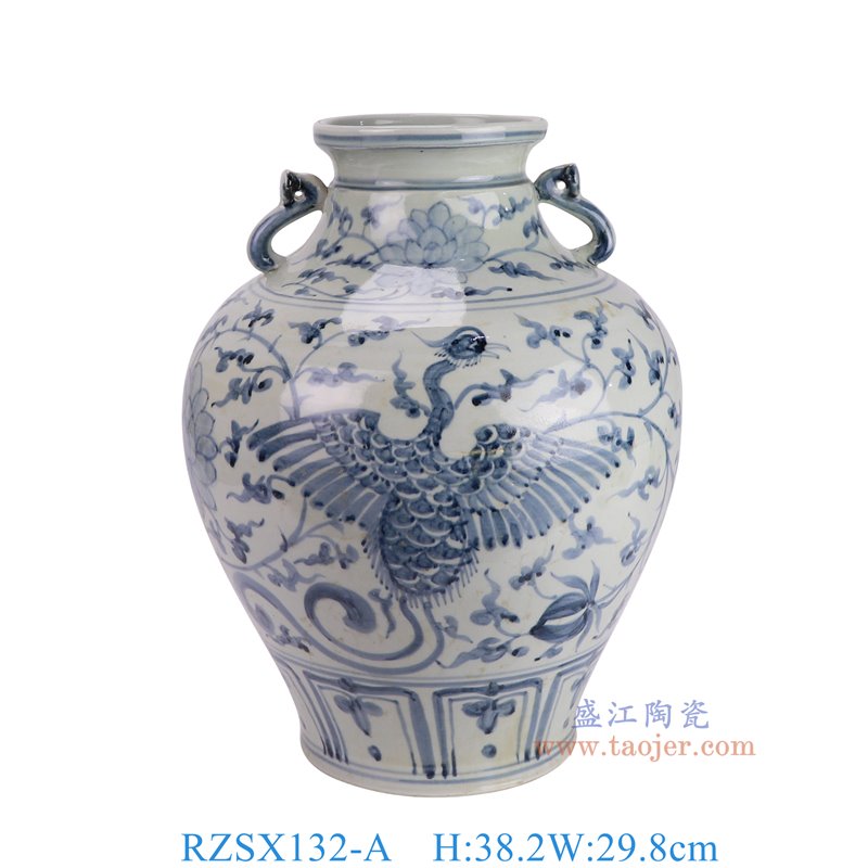 RZSX132-A仿古脚踩泥青花缠枝凤凰纹双耳罐正面图