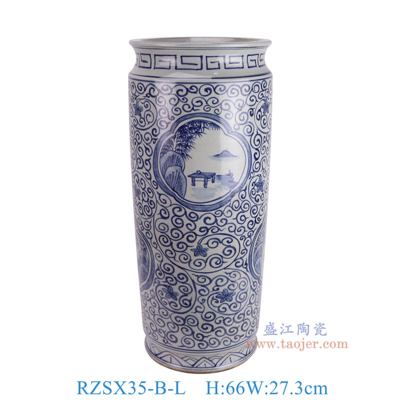 RZSX35-B-L仿古脚踩泥青花缠枝开窗山水纹箭筒伞筒正面图