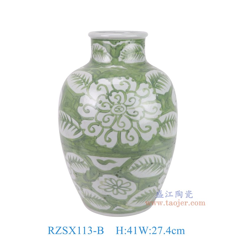 RZSX113-B仿古脚踩泥绿底白花叶纹花瓶正面图