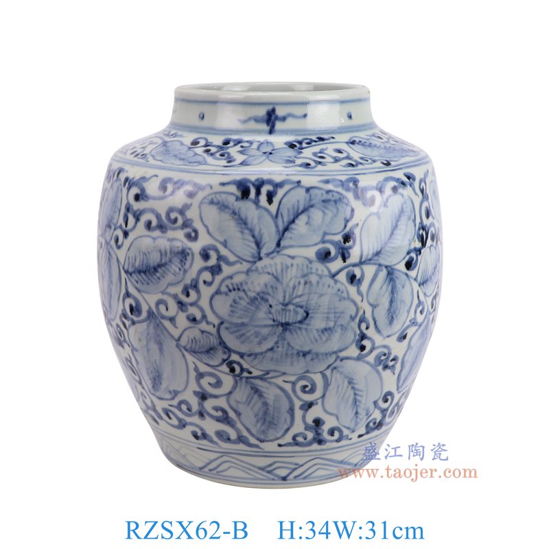 RZSX62-B仿古脚踩泥青花花叶纹四方圆口罐正面图