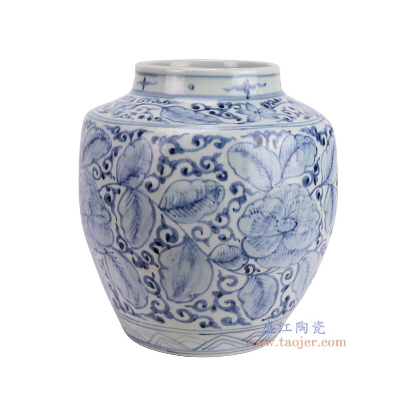 RZSX62-B仿古脚踩泥青花花叶纹四方圆口罐侧面图