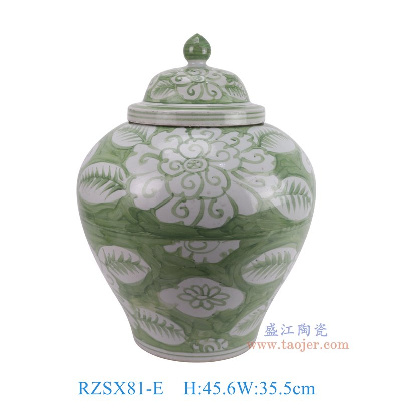 RZSX81-E仿古脚踩泥绿底白花叶纹大肚将军罐盖罐正面图