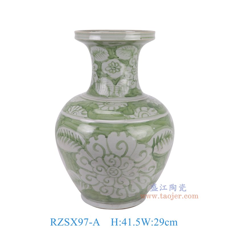 RZSX97-A仿古脚踩泥绿底白牡丹纹赏瓶正面图