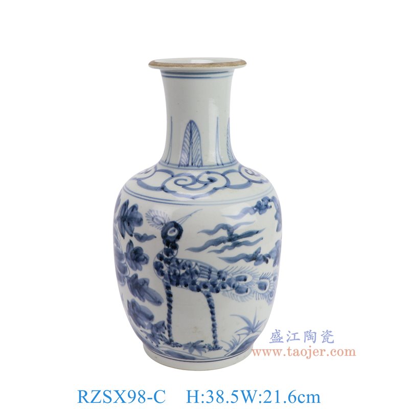 RZSX98-C仿古脚踩泥青花孔雀牡丹口无釉花瓶正面图
