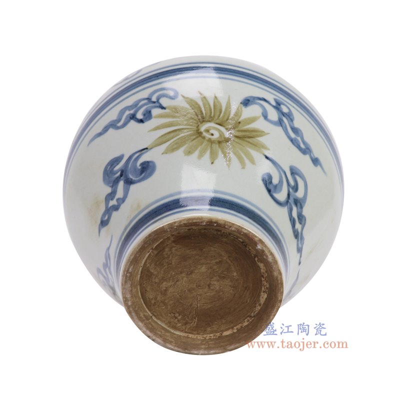 RZSX99-A仿古脚踩泥青花釉里红太阳花纹大肚罐底部图