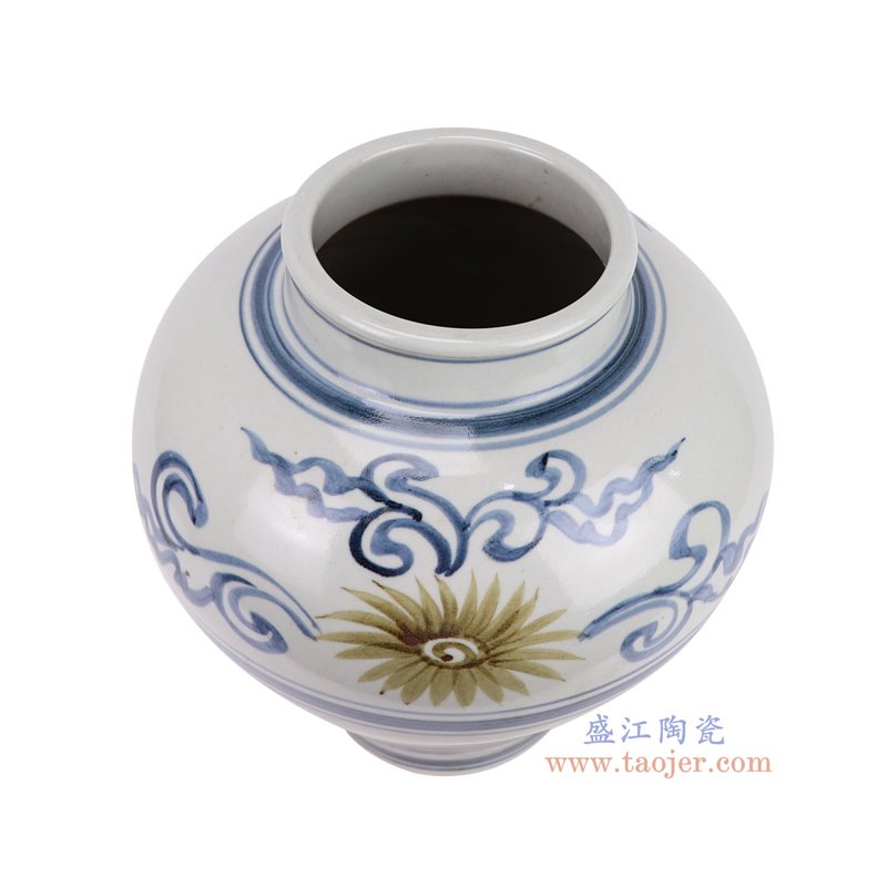 RZSX99-A仿古脚踩泥青花釉里红太阳花纹大肚罐俯视图