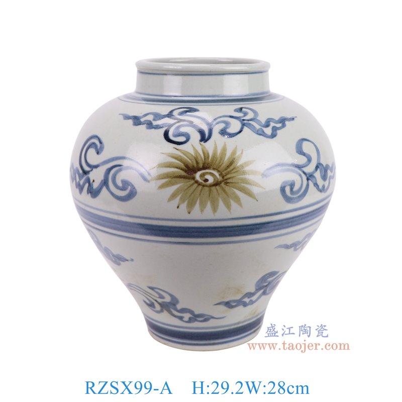 RZSX99-A仿古脚踩泥青花釉里红太阳花纹大肚罐正面图