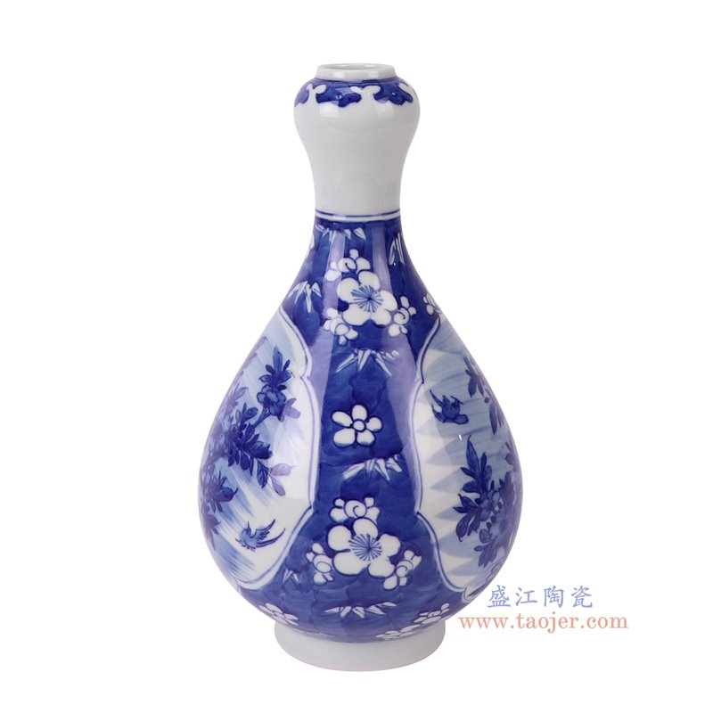 RXCS01-A青花冰梅开窗花鸟蒜头瓶侧面图