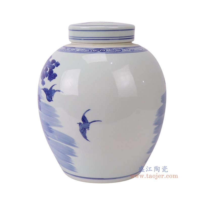 RXCS07-A青花花鸟眀罐平顶罐侧面图