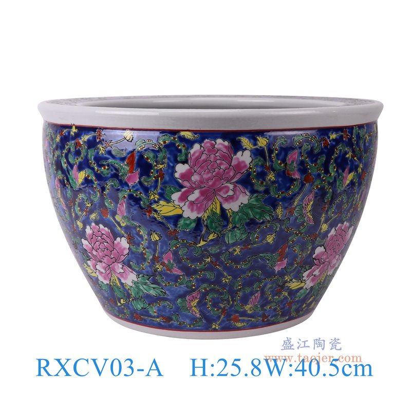 RXCV03-A粉彩蓝底万花大缸正面图