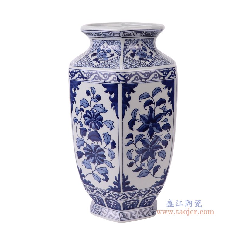 RYKB178-A青花花叶纹六方花瓶侧面图