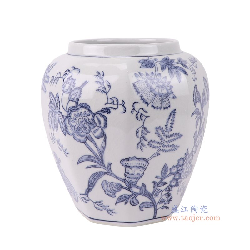 RXAE-FL22-J100-RXCF青花花叶纹八角罐无盖大号侧面图