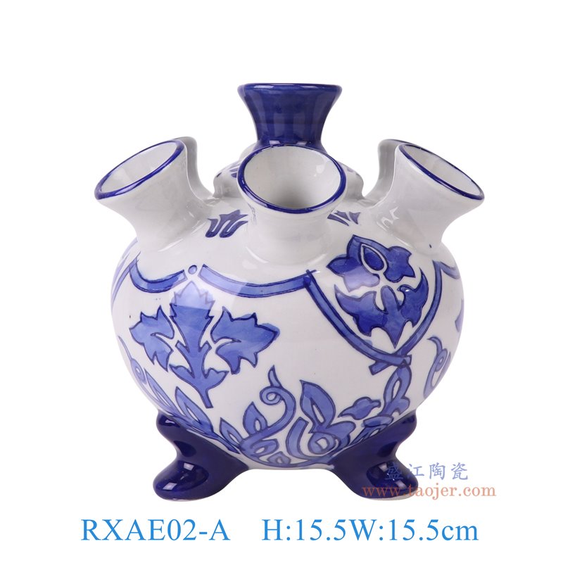 RXAE02-A青花花叶纹三足七口石榴瓶正面图