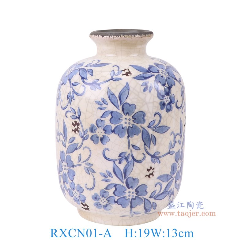 RXCN01-A青花开片裂纹釉花叶纹花瓶正面图