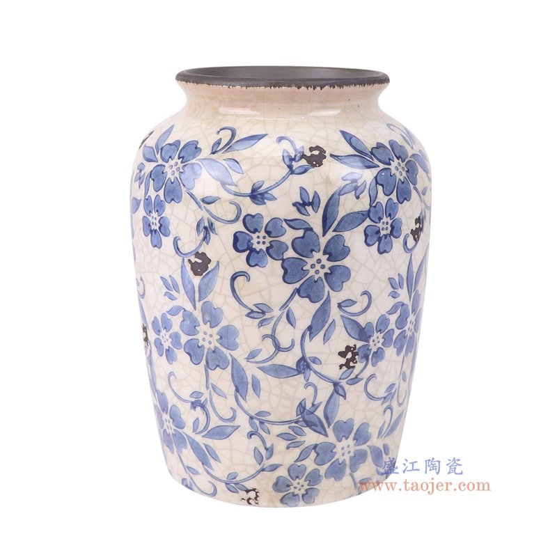 RXCN02-A青花开片裂纹釉花叶纹花瓶侧面图