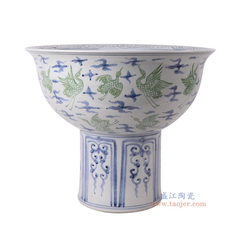 RZSX111-F仿古脚踩泥青花仙鹤纹高脚盆侧面图